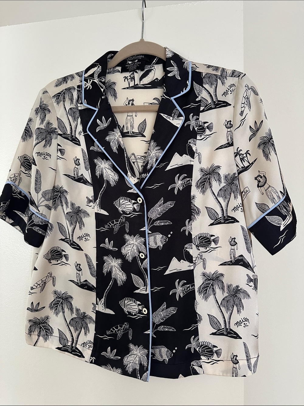 Scotch & Soda Black and Cream Tropical Holiday Shirt with Blue Piping